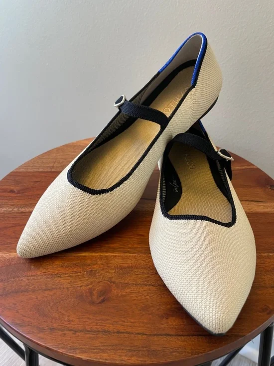 Rothy's Pointed Mary Jane Flats in Cream with Black Trim and Blue Heel sz 8 - Picture 2 of 14